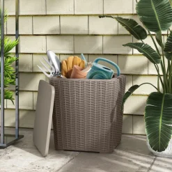 Tangkula 11.5 Gallon Water-proof Deck Box, Outdoo Patio Storage Box w/Removable Lid &, Faux Rattan Storage Container Side Table