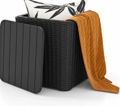 Tangkula 11.5 Gallon Water-proof Deck Box, Outdoo Patio Storage Box w/Removable Lid &, Faux Rattan Storage Container Side Table