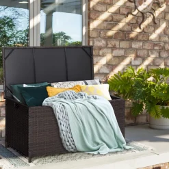 Tangkula 50 Gallon Wicker Deck Storage Box, Patio Rattan Storage Container with 2 Universal Wheels