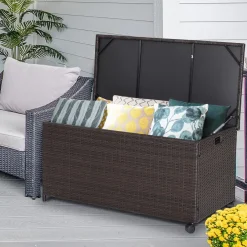 Tangkula 50 Gallon Wicker Deck Storage Box, Patio Rattan Storage Container with 2 Universal Wheels