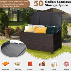 Tangkula 50 Gallon Wicker Deck Storage Box, Patio Rattan Storage Container with 2 Universal Wheels
