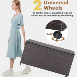 Tangkula 50 Gallon Wicker Deck Storage Box, Patio Rattan Storage Container with 2 Universal Wheels