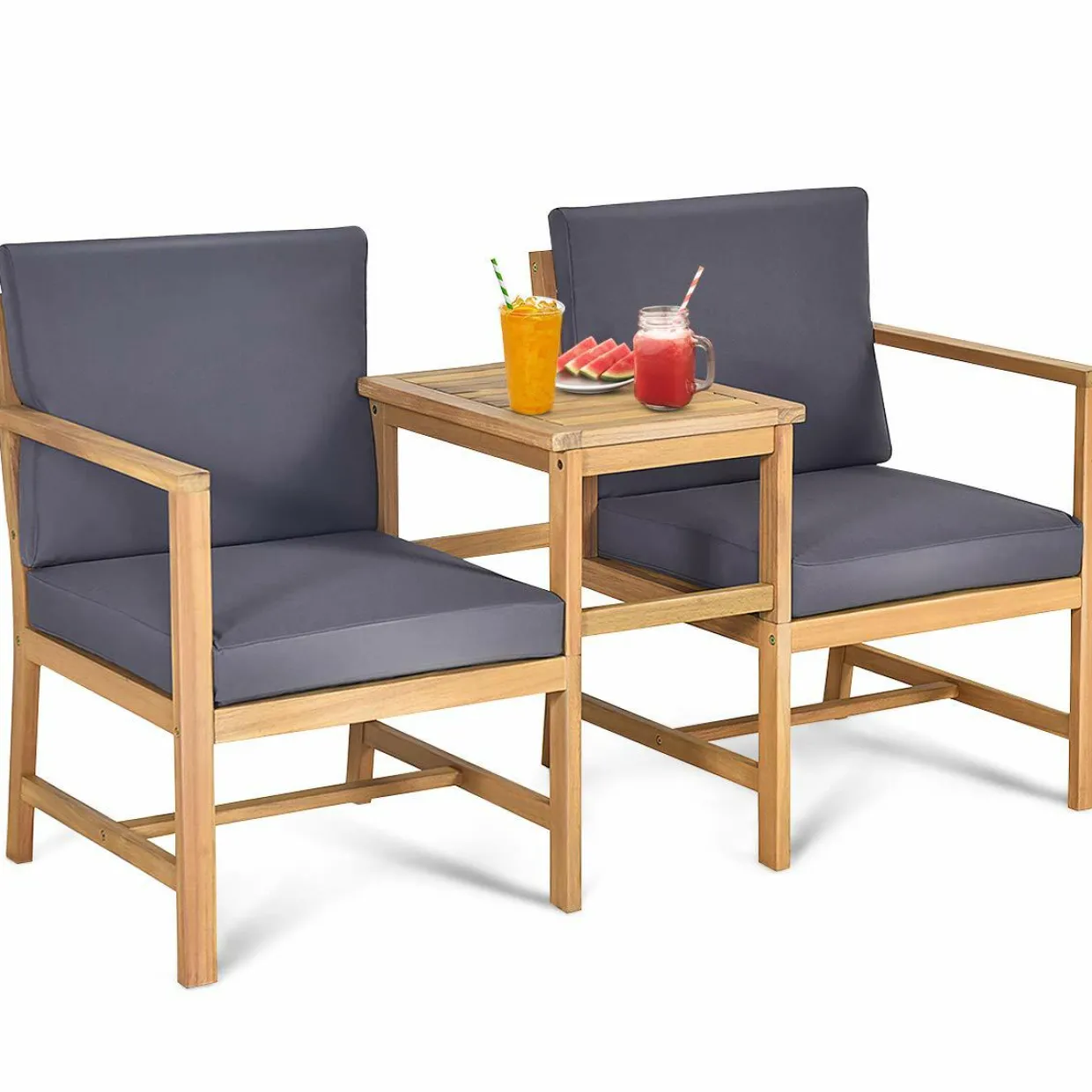 Tangkula 3 in 1 Acacia Wood Loveseat with Separable Coffee Table, 3-Piece Wooden Chairs Set with Cushions