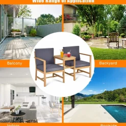 Tangkula 3 in 1 Acacia Wood Loveseat with Separable Coffee Table, 3-Piece Wooden Chairs Set with Cushions