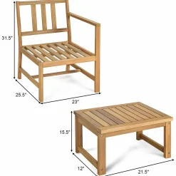 Tangkula 3 in 1 Acacia Wood Loveseat with Separable Coffee Table, 3-Piece Wooden Chairs Set with Cushions