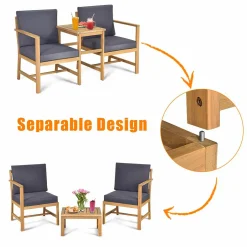 Tangkula 3 in 1 Acacia Wood Loveseat with Separable Coffee Table, 3-Piece Wooden Chairs Set with Cushions