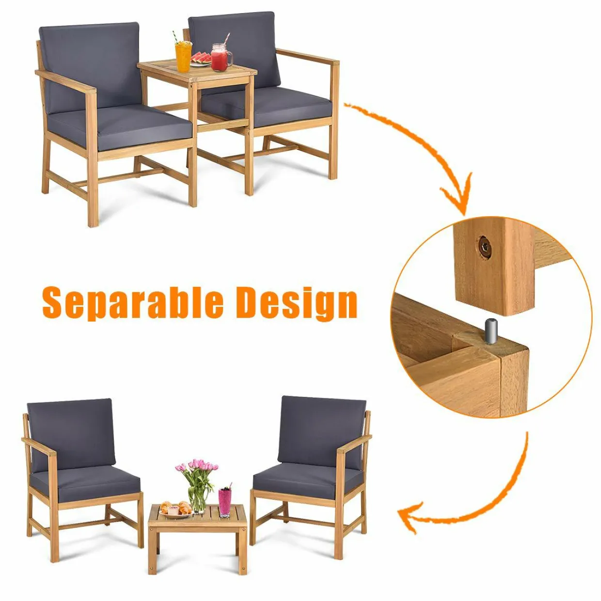 Tangkula 3 in 1 Acacia Wood Loveseat with Separable Coffee Table, 3-Piece Wooden Chairs Set with Cushions