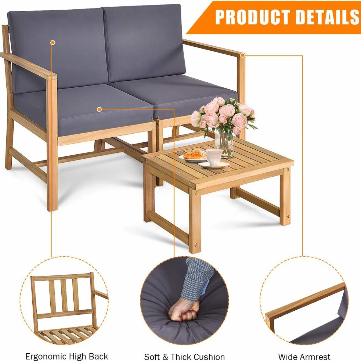 Tangkula 3 in 1 Acacia Wood Loveseat with Separable Coffee Table, 3-Piece Wooden Chairs Set with Cushions