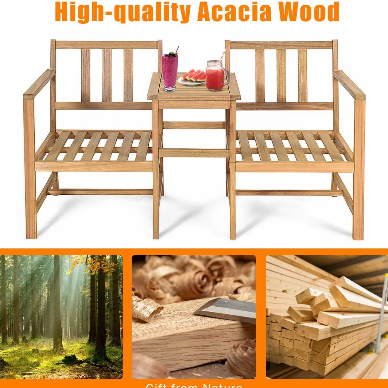 Tangkula 3 in 1 Acacia Wood Loveseat with Separable Coffee Table, 3-Piece Wooden Chairs Set with Cushions