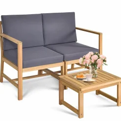 Tangkula 3 in 1 Acacia Wood Loveseat with Separable Coffee Table, 3-Piece Wooden Chairs Set with Cushions