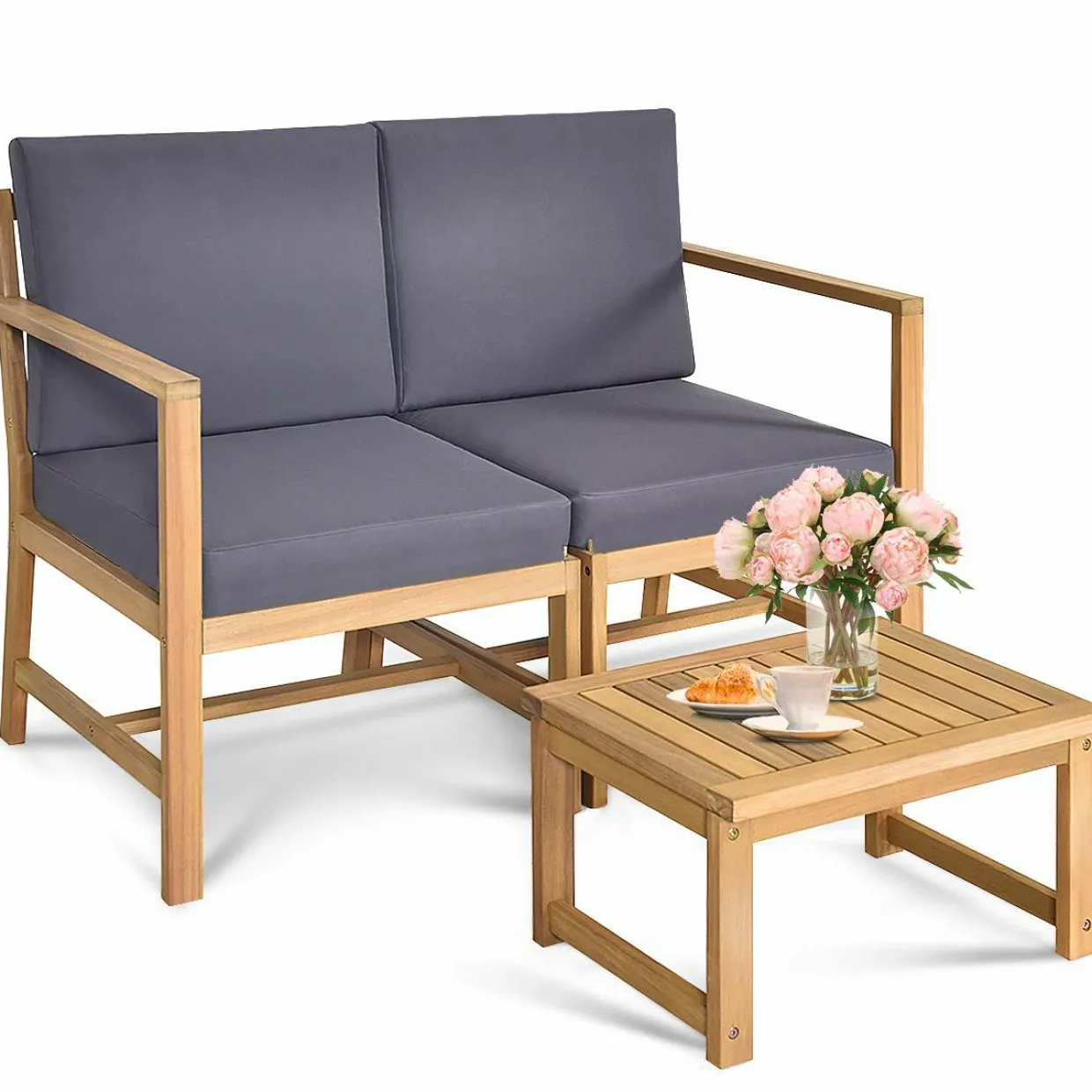 Tangkula 3 in 1 Acacia Wood Loveseat with Separable Coffee Table, 3-Piece Wooden Chairs Set with Cushions