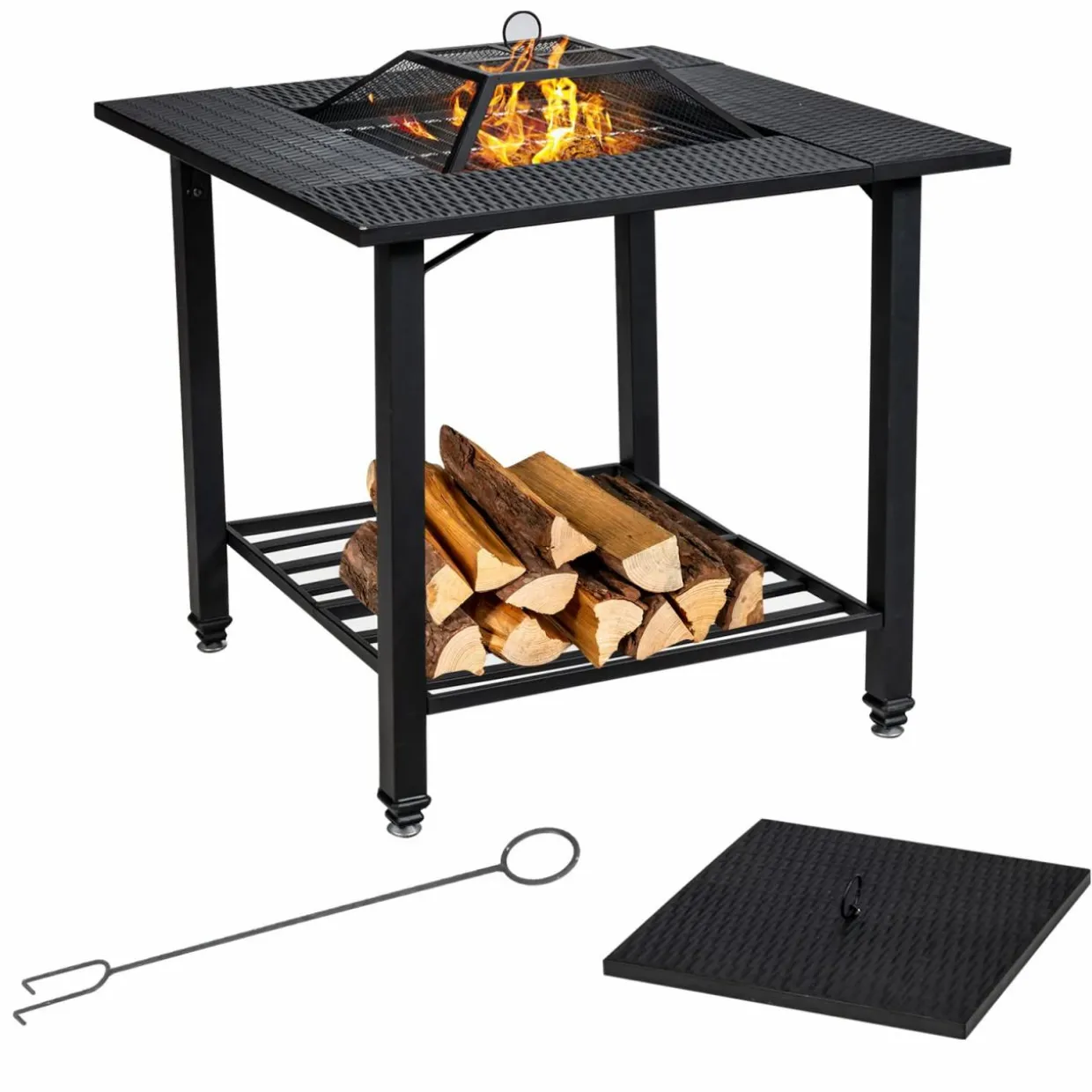 Tangkula 4 in 1 Outdoor Fire Pit, Heavy Duty Metal Square Wood Burning Fire Pit with Spark Screen Cover