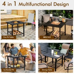Tangkula 4 in 1 Outdoor Fire Pit, Heavy Duty Metal Square Wood Burning Fire Pit with Spark Screen Cover