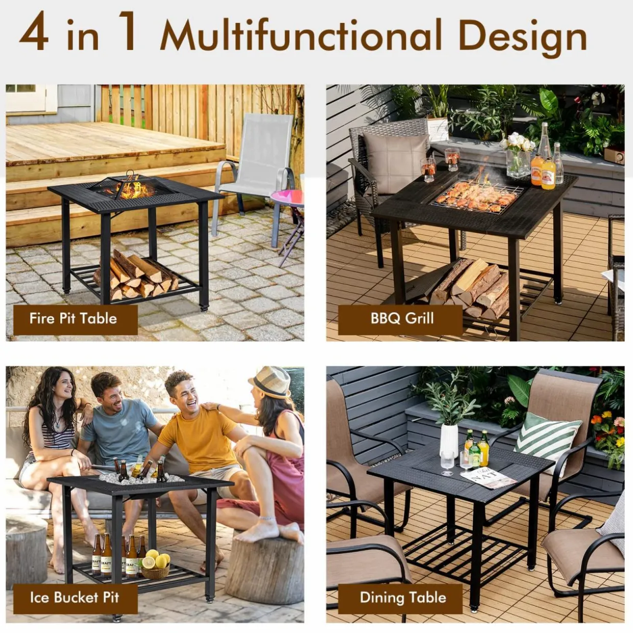 Tangkula 4 in 1 Outdoor Fire Pit, Heavy Duty Metal Square Wood Burning Fire Pit with Spark Screen Cover