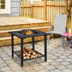 Tangkula 4 in 1 Outdoor Fire Pit, Heavy Duty Metal Square Wood Burning Fire Pit with Spark Screen Cover