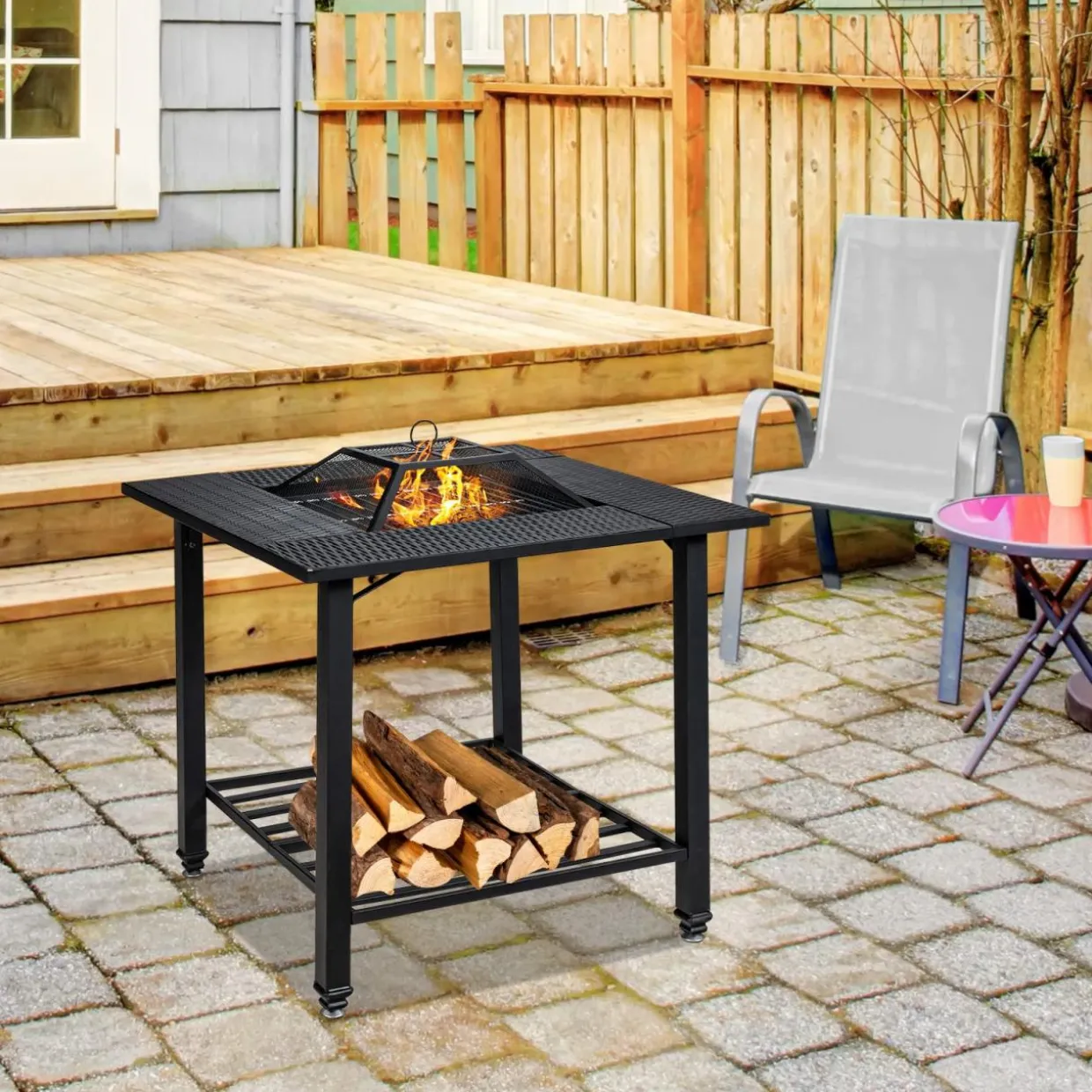 Tangkula 4 in 1 Outdoor Fire Pit, Heavy Duty Metal Square Wood Burning Fire Pit with Spark Screen Cover