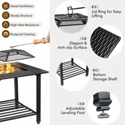 Tangkula 4 in 1 Outdoor Fire Pit, Heavy Duty Metal Square Wood Burning Fire Pit with Spark Screen Cover