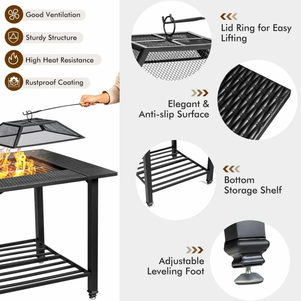 Tangkula 4 in 1 Outdoor Fire Pit, Heavy Duty Metal Square Wood Burning Fire Pit with Spark Screen Cover