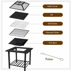 Tangkula 4 in 1 Outdoor Fire Pit, Heavy Duty Metal Square Wood Burning Fire Pit with Spark Screen Cover