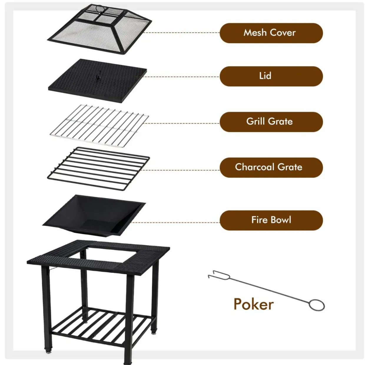 Tangkula 4 in 1 Outdoor Fire Pit, Heavy Duty Metal Square Wood Burning Fire Pit with Spark Screen Cover