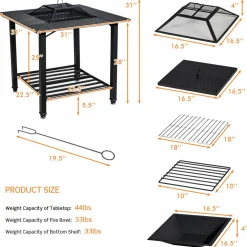 Tangkula 4 in 1 Outdoor Fire Pit, Heavy Duty Metal Square Wood Burning Fire Pit with Spark Screen Cover