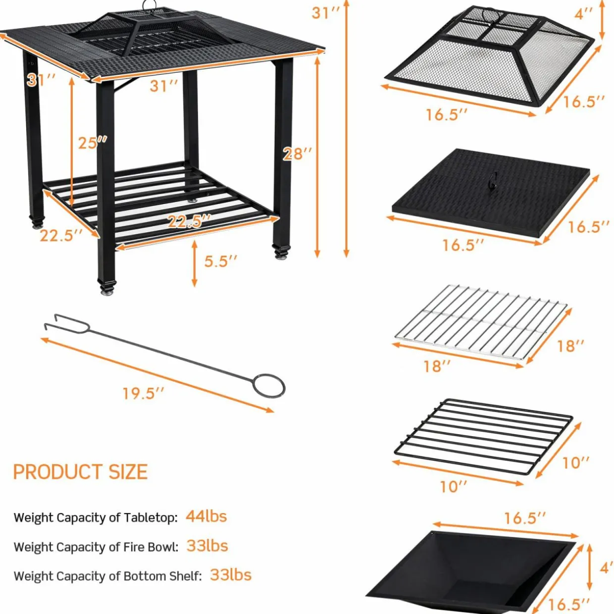 Tangkula 4 in 1 Outdoor Fire Pit, Heavy Duty Metal Square Wood Burning Fire Pit with Spark Screen Cover