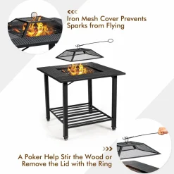 Tangkula 4 in 1 Outdoor Fire Pit, Heavy Duty Metal Square Wood Burning Fire Pit with Spark Screen Cover