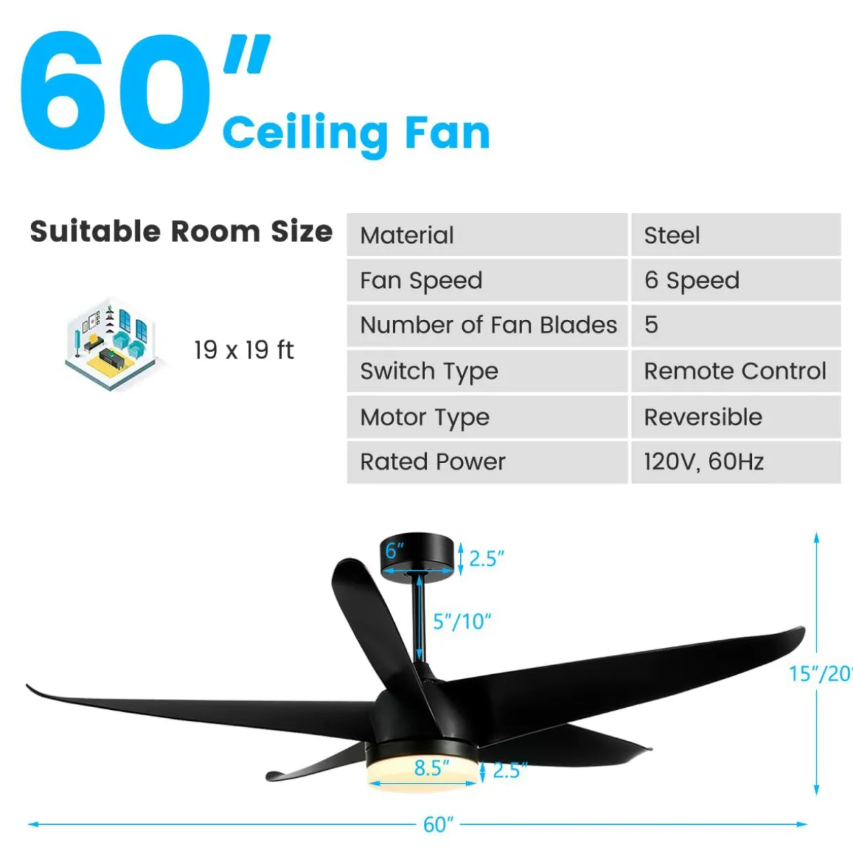 Tangkula 60 Inch Ceiling Fan with Light