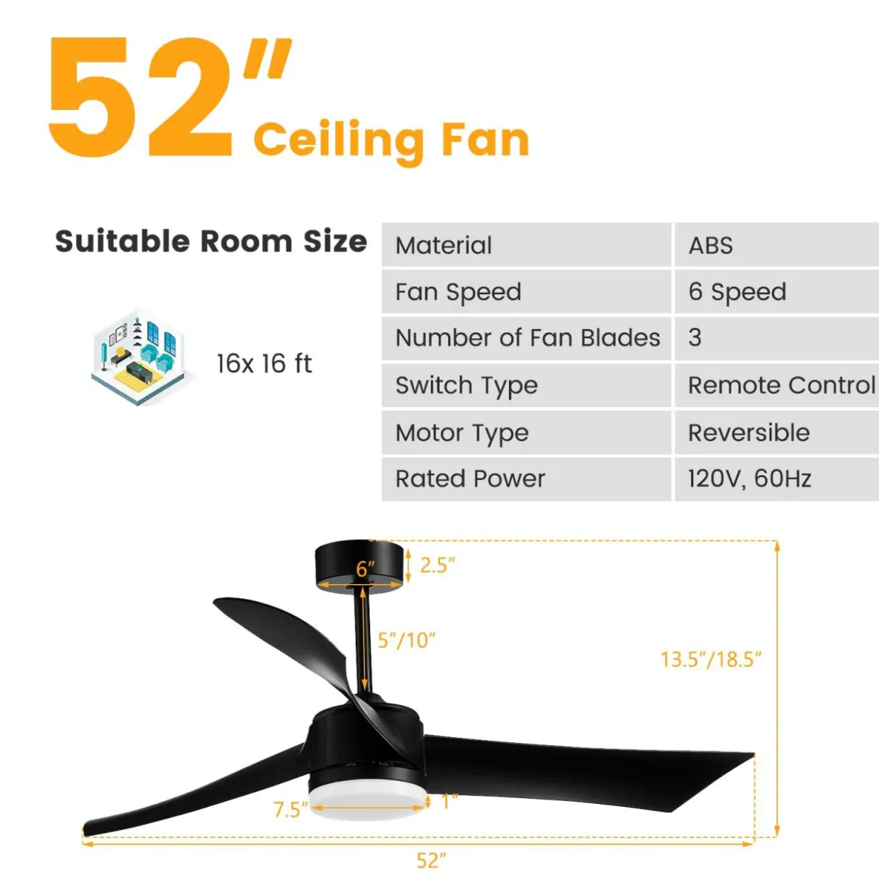 Tangkula 52 Inch Ceiling Fan with Light