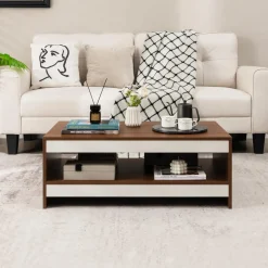 Tangkula 37 Inch Coffee Table, Two-Tier Coffee Table with Storage Shelf, Modern Wooden Sofa Central Table