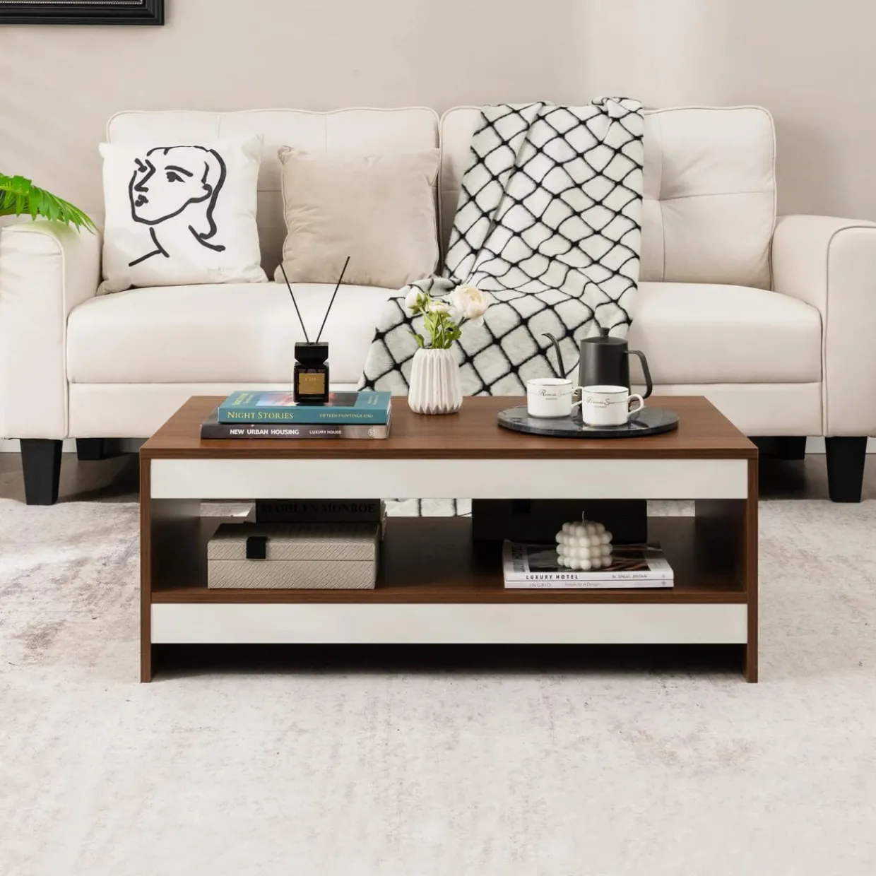 Tangkula 37 Inch Coffee Table, Two-Tier Coffee Table with Storage Shelf, Modern Wooden Sofa Central Table