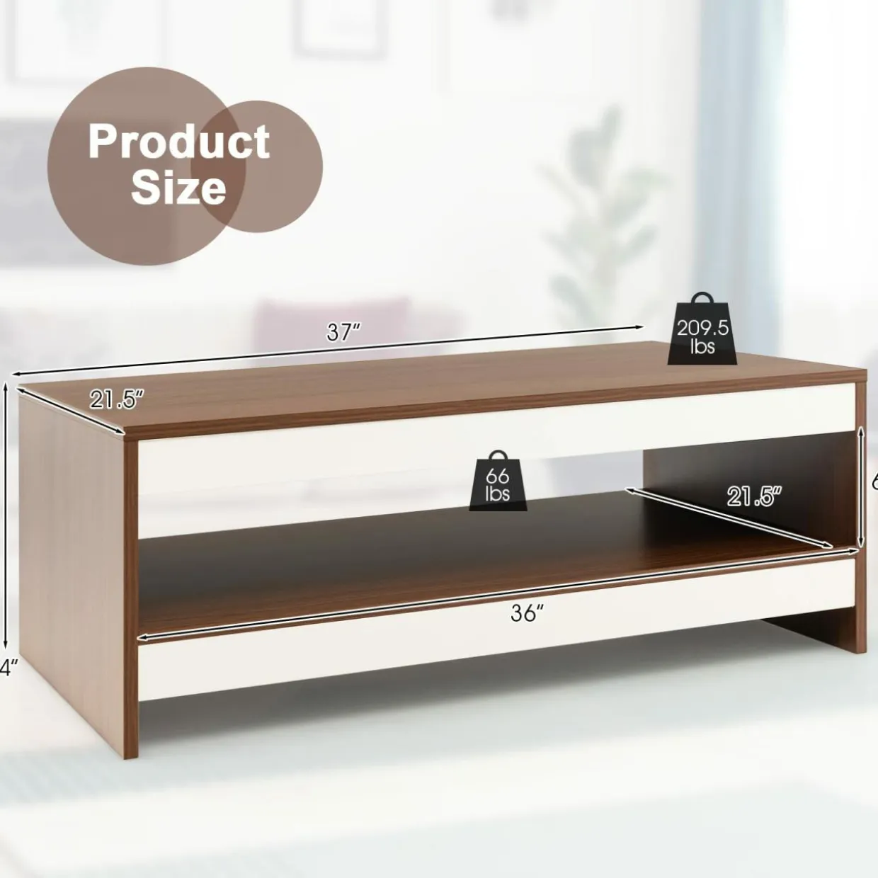 Tangkula 37 Inch Coffee Table, Two-Tier Coffee Table with Storage Shelf, Modern Wooden Sofa Central Table