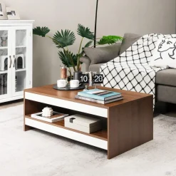 Tangkula 37 Inch Coffee Table, Two-Tier Coffee Table with Storage Shelf, Modern Wooden Sofa Central Table