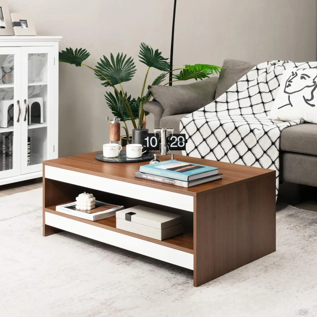 Tangkula 37 Inch Coffee Table, Two-Tier Coffee Table with Storage Shelf, Modern Wooden Sofa Central Table