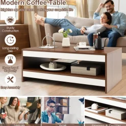 Tangkula 37 Inch Coffee Table, Two-Tier Coffee Table with Storage Shelf, Modern Wooden Sofa Central Table