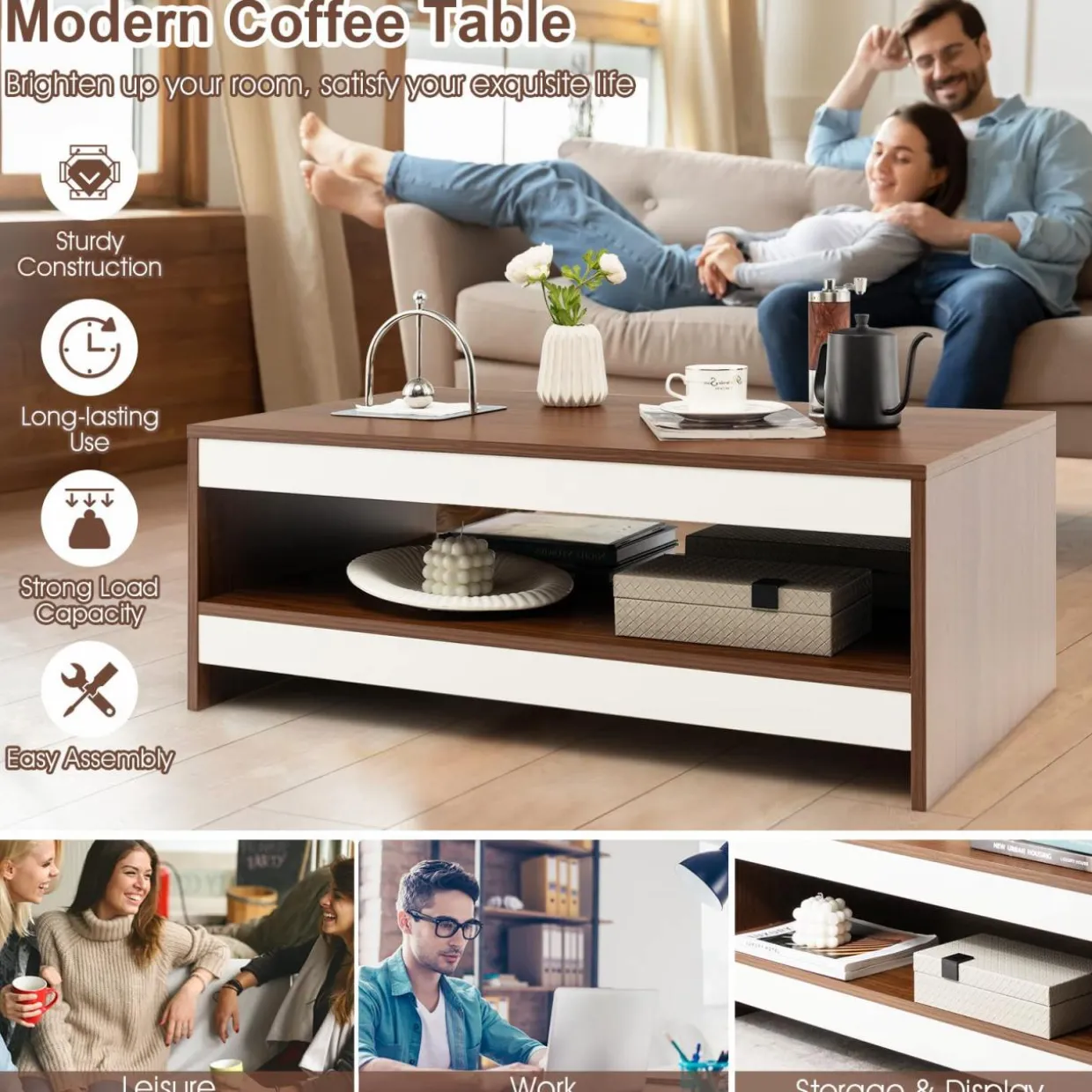 Tangkula 37 Inch Coffee Table, Two-Tier Coffee Table with Storage Shelf, Modern Wooden Sofa Central Table