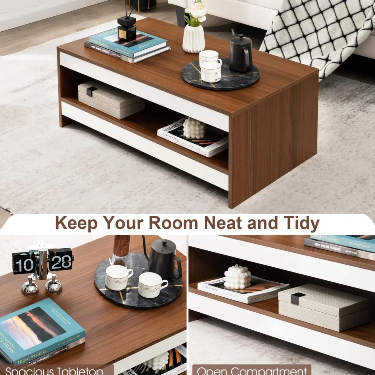 Tangkula 37 Inch Coffee Table, Two-Tier Coffee Table with Storage Shelf, Modern Wooden Sofa Central Table