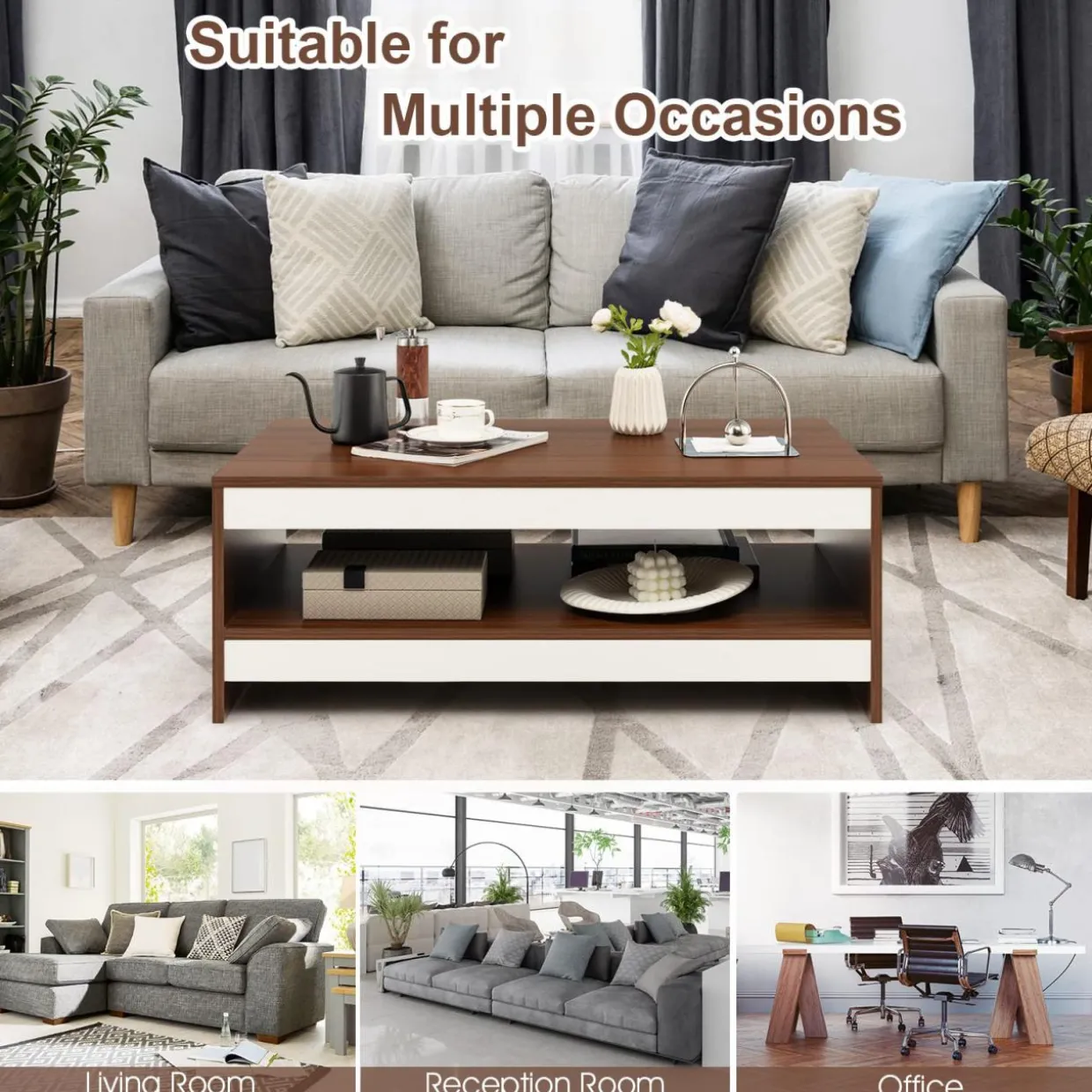 Tangkula 37 Inch Coffee Table, Two-Tier Coffee Table with Storage Shelf, Modern Wooden Sofa Central Table