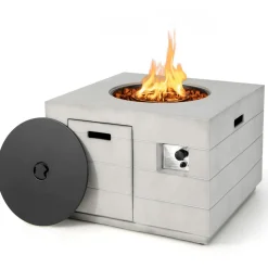 Tangkula 35 Inch Concrete Propane Gas Fire Pit Table, Patiojoy Square Outdoor Propane Fire Table with Protective Cover Lava Rocks & Metal Lid