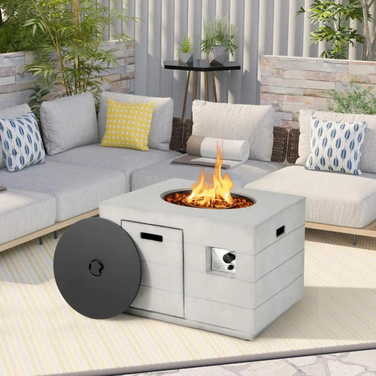 Tangkula 35 Inch Concrete Propane Gas Fire Pit Table, Patiojoy Square Outdoor Propane Fire Table with Protective Cover Lava Rocks & Metal Lid