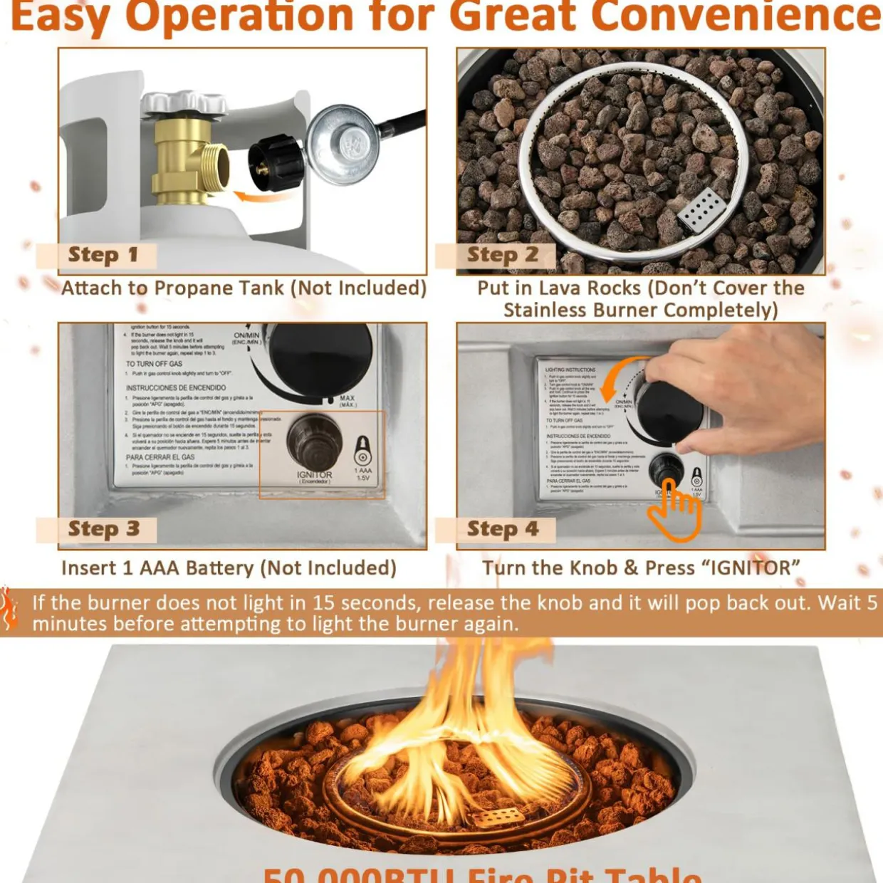 Tangkula 35 Inch Concrete Propane Gas Fire Pit Table, Patiojoy Square Outdoor Propane Fire Table with Protective Cover Lava Rocks & Metal Lid