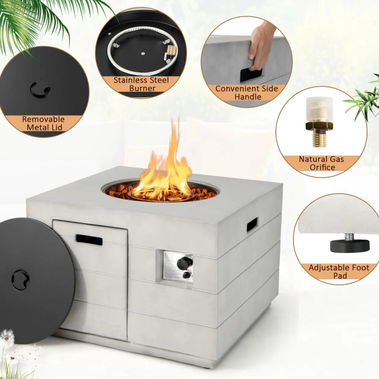 Tangkula 35 Inch Concrete Propane Gas Fire Pit Table, Patiojoy Square Outdoor Propane Fire Table with Protective Cover Lava Rocks & Metal Lid