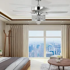 Tangkula 50 Inch Crystal Ceiling Fan with Lights & Remote Control, Modern Electrical Fan with 5 Wood Reversible Blades, 8H Timer