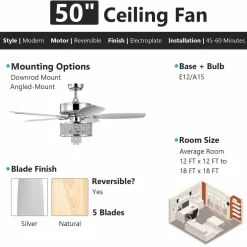 Tangkula 50 Inch Crystal Ceiling Fan with Lights & Remote Control, Modern Electrical Fan with 5 Wood Reversible Blades, 8H Timer