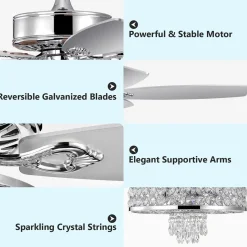 Tangkula 50 Inch Crystal Ceiling Fan with Lights & Remote Control, Modern Electrical Fan with 5 Wood Reversible Blades, 8H Timer