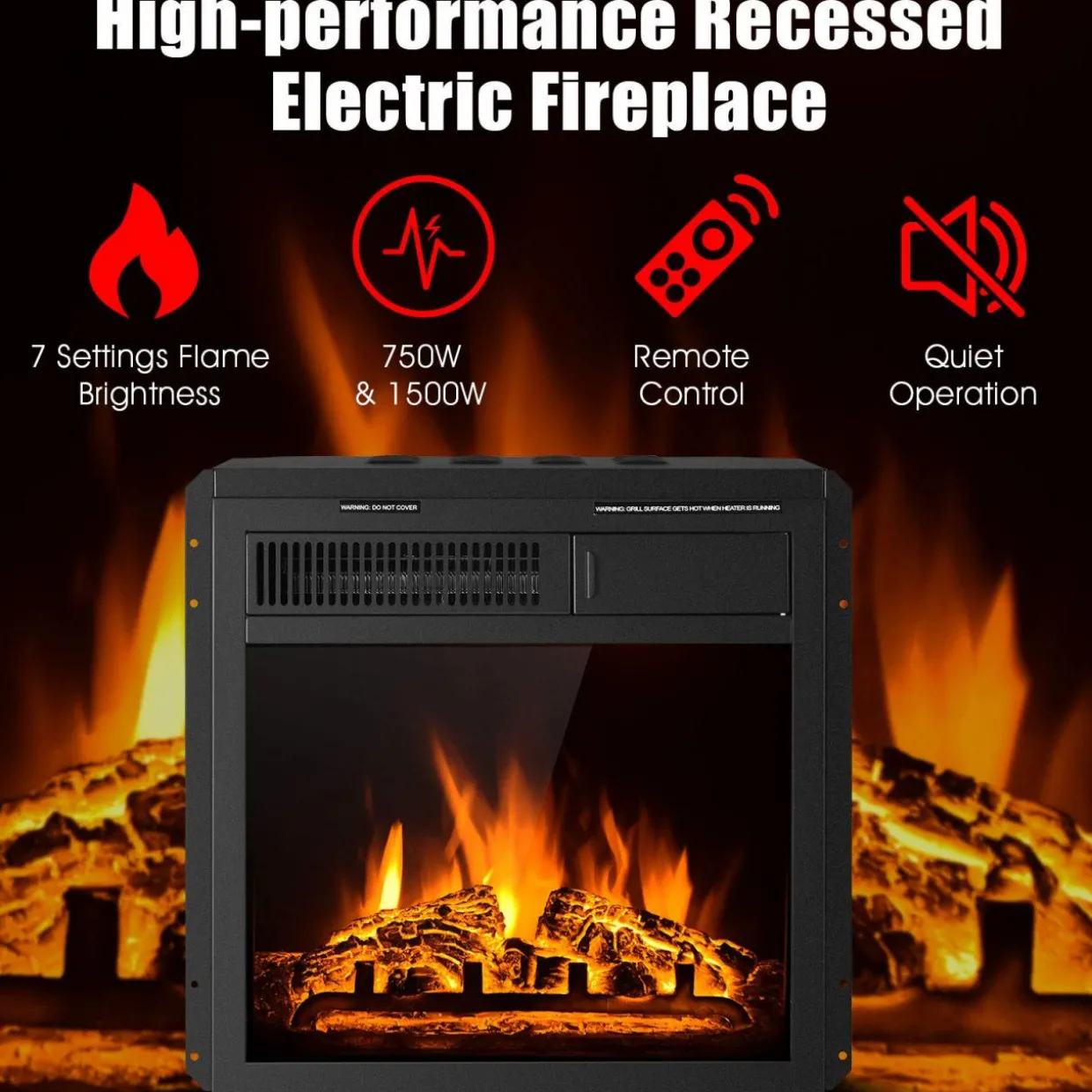 Tangkula 18 Inch Electric Fireplace Insert, Freestanding & Recessed Electric Fireplace Heater with Remote Control, Adjustable Heater