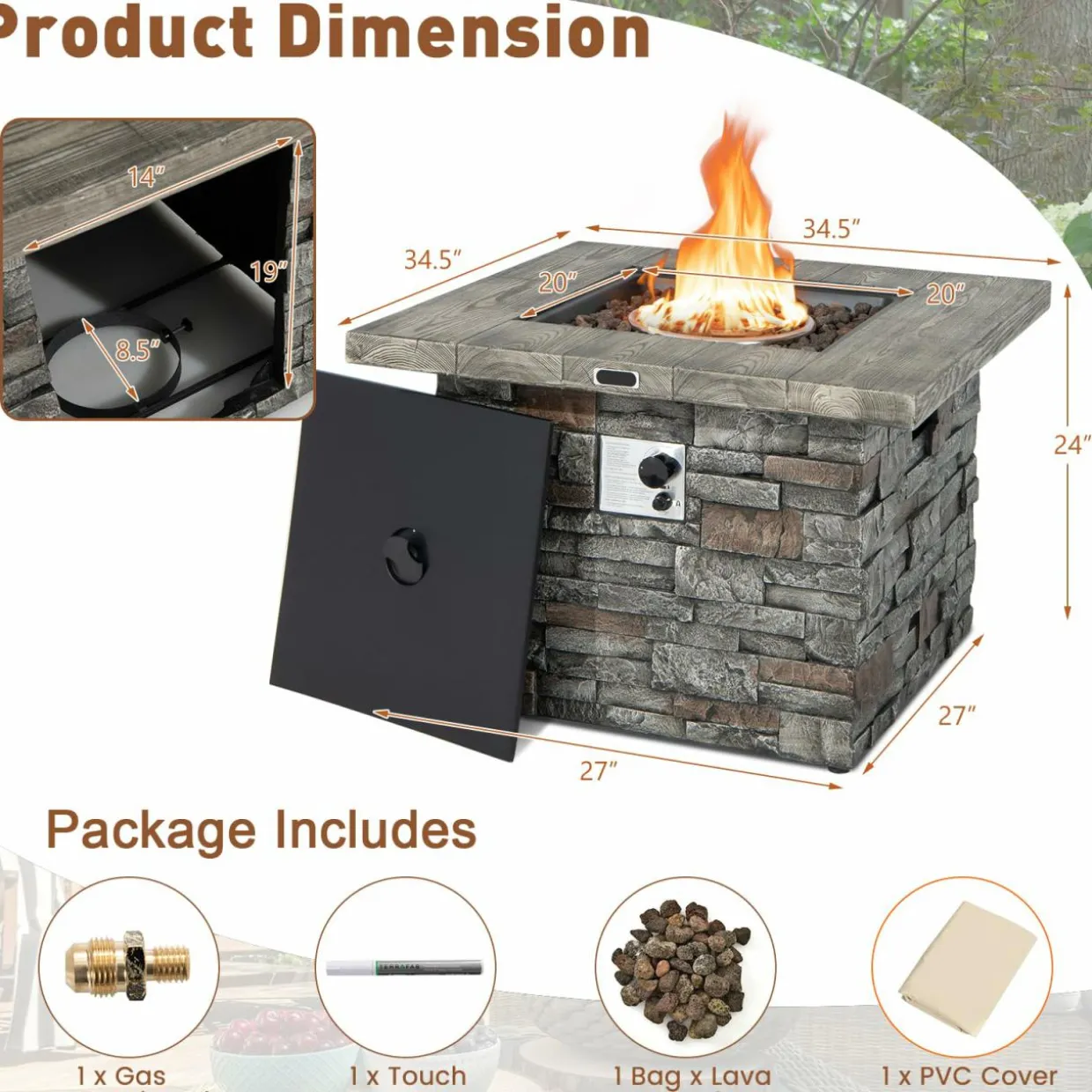 Tangkula 34.5 Inch Faux Stone Propane Fire Pit Table