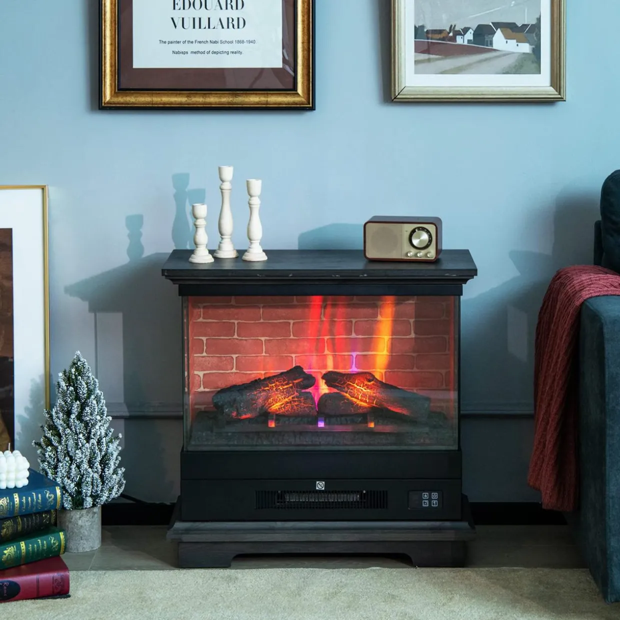 Tangkula 27 Inch Freestanding Fireplace, 1400W Electric Fireplace Heater w/3-Level Vivid Flame & Thermostat Control