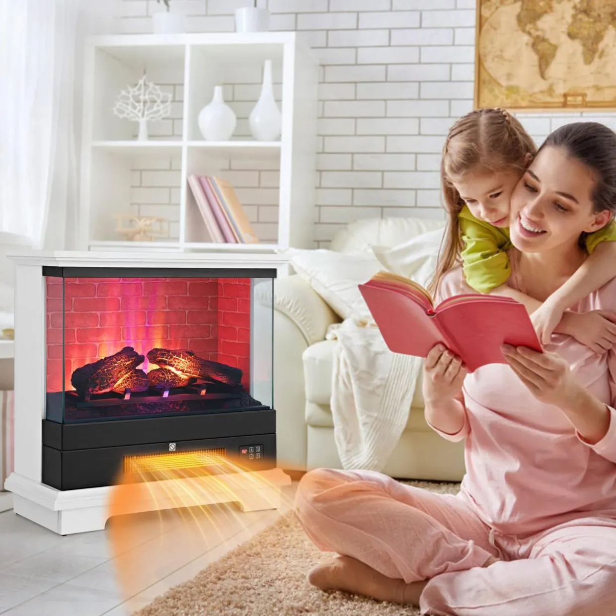 Tangkula 27 Inch Freestanding Fireplace, 1400W Electric Fireplace Heater w/3-Level Vivid Flame & Thermostat Control