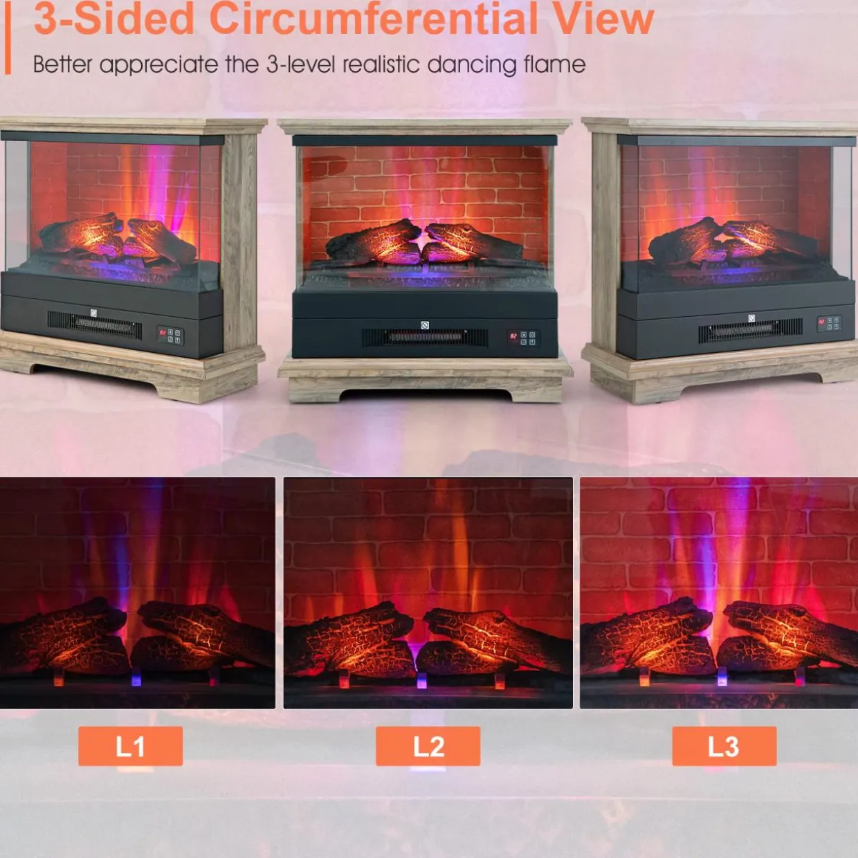 Tangkula 27 Inch Freestanding Fireplace, 1400W Electric Fireplace Heater w/3-Level Vivid Flame & Thermostat Control
